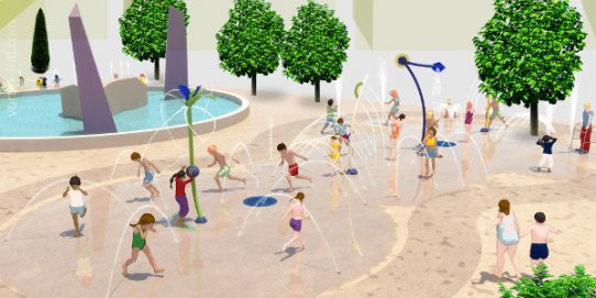 Simulació digital de la futura àrea de jocs d'aigua de la plaça de Catalunya.