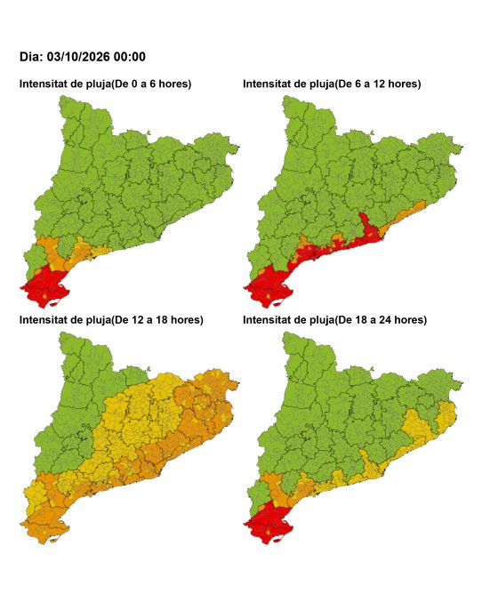 Avís per intensitat de pluja: risc alt (taronja) a Castellar del Vallès entre les 12 i les 18 h de dissabte 3 d’octubre.