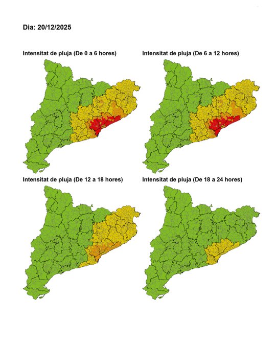 Mapa de l'avís de la situació meteorològica de perill de pluges demà dissabte, 20 de desembre.