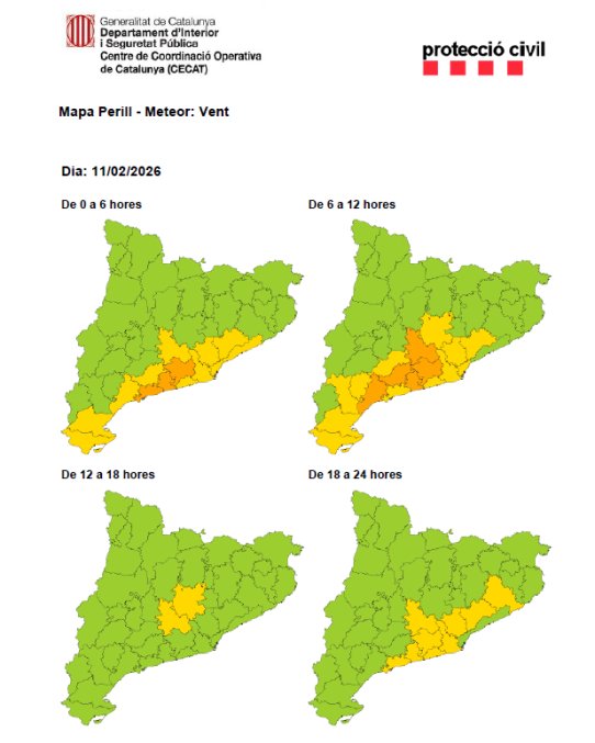 Mapa de l'avís de la situació meteorològica de perill de vent dimecres, 11 de febrer.
