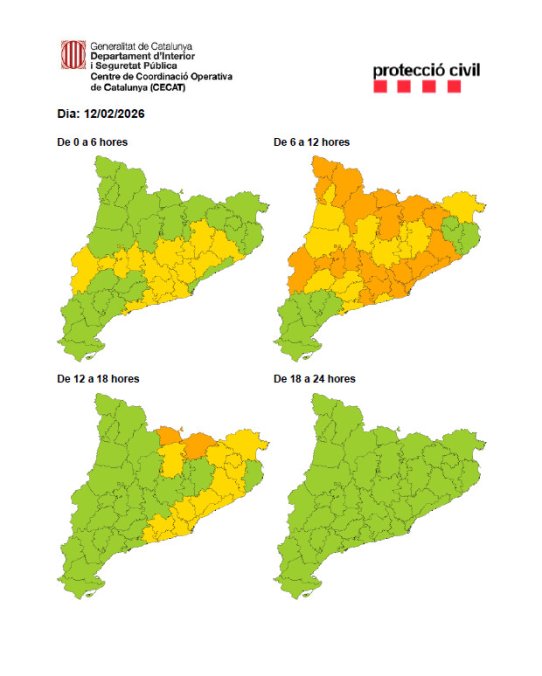 Mapa de l'avís de la situació meteorològica de perill de vent dijous, 12 de febrer.