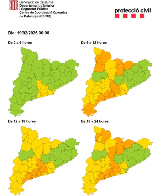 Mapa de l'avís de la situació meteorològica de perill de vent dijous, 19 de febrer.