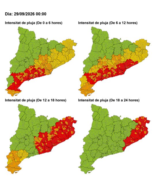 Mapa d’intensitat de pluja de demà, dimarts 29/09/26