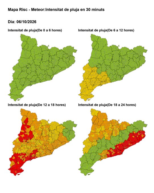 Avís per intensitat de pluja en 30 minuts: risc alt (taronja) a Castellar del Vallès de 12 a 18 h i molt alt (vermell) de 18 a 24 h de dimarts 6 d’octubre.