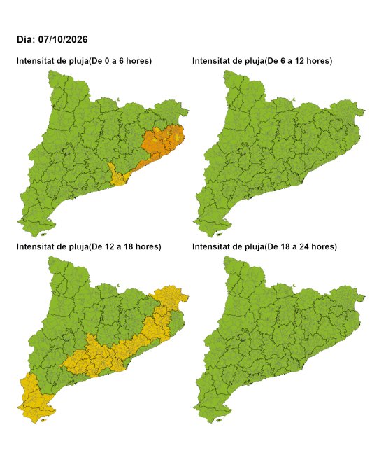 Avís per intensitat de pluja en 30 minuts: risc moderat (groc) a Castellar del Vallès de 12 a 18 h de dimecres 7 d’octubre.