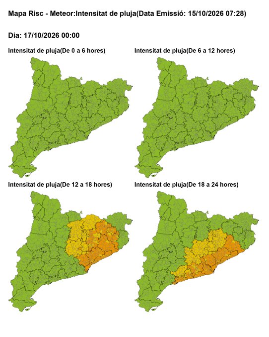 Avís per intensitat de pluja en 30 minuts: risc alt (taronja) a Castellar del Vallès entre les 12 i les 24 h de dissabte 17 d’octubre.