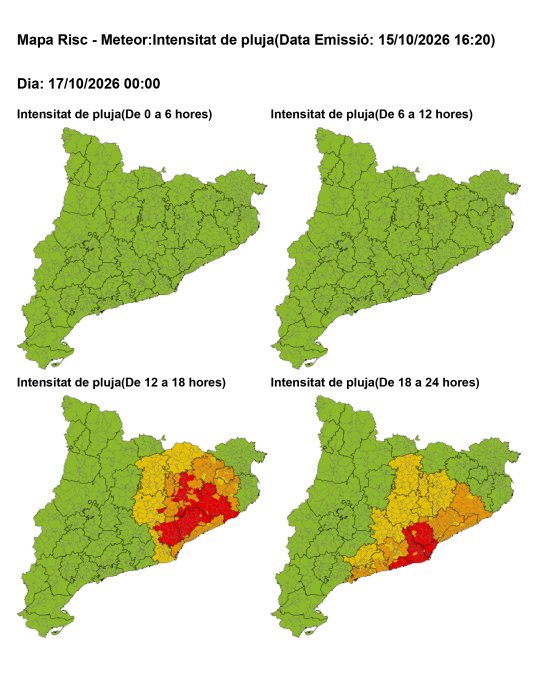 Avís per intensitat de pluja en 30 minuts: risc molt alt (vermell) a Castellar del Vallès entre les 12 i les 00 h de dissabte 17 d’octubre.