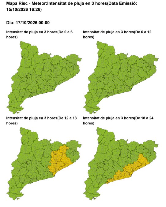 Avís per intensitat de pluja en 3 hores: risc moderat (groc) a Castellar del Vallès entre les 12 i les 00 h de dissabte 17 d’octubre.