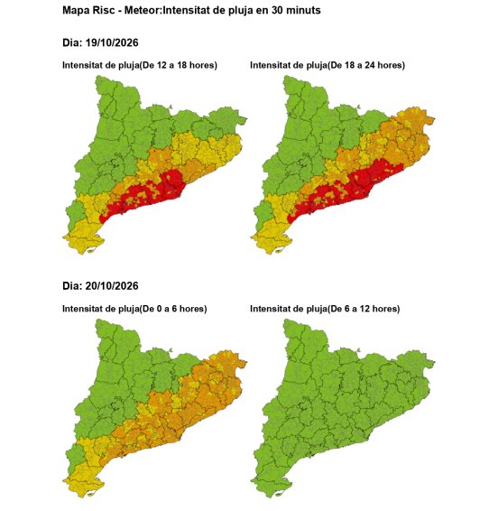 Mapa de risc de pluges intenses superiors a 40 mm en 30 minuts del Pla Inuncat per al dilluns 19 i dimarts 20 d'octubre